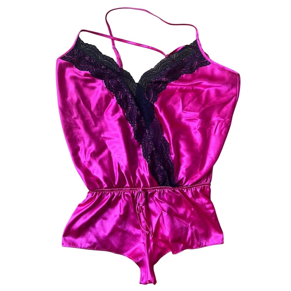 Victorias Secret Hot Pink Satin Lace Teddy Bodysuit Medium Lingerie Boudoir Sexy